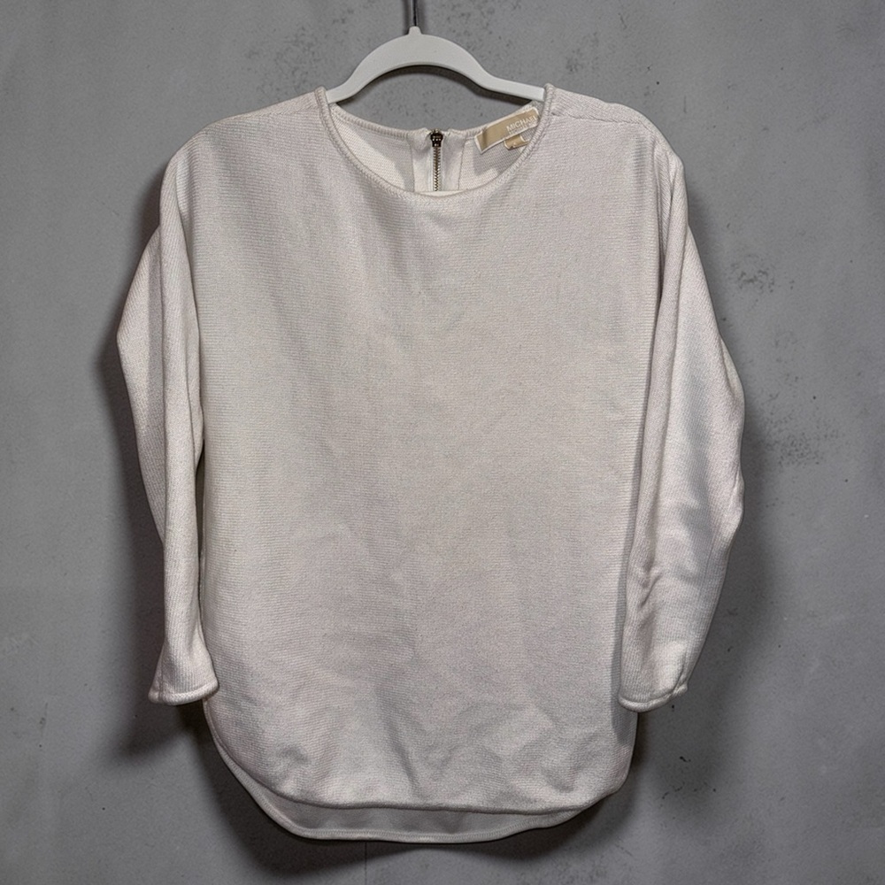 Micheal Kors Women White Crew neck sweater with zip up back top size Small